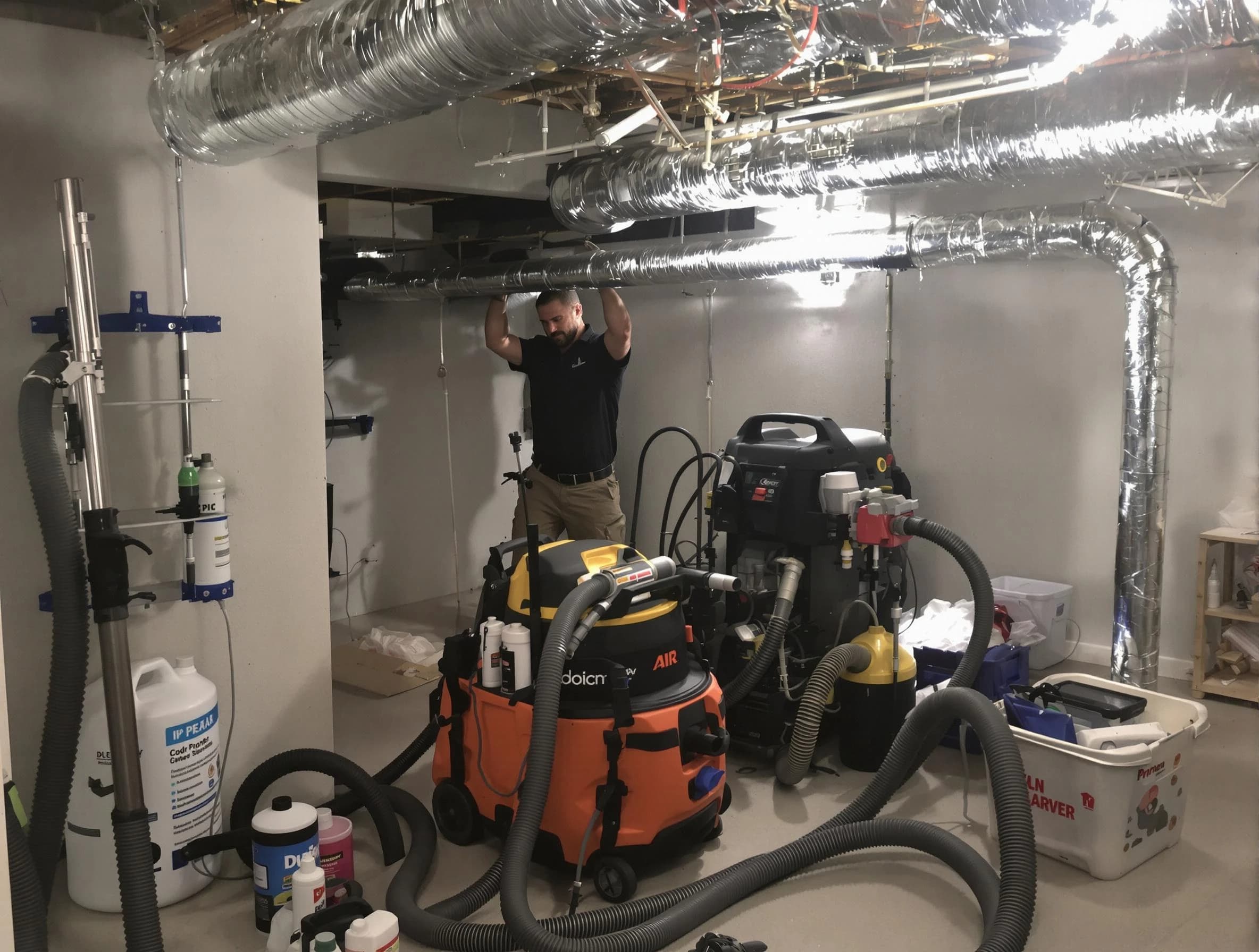 Fairmount Air Duct Cleaning specialist performing professional mold removal from air ducts using safety equipment in Fairmount
